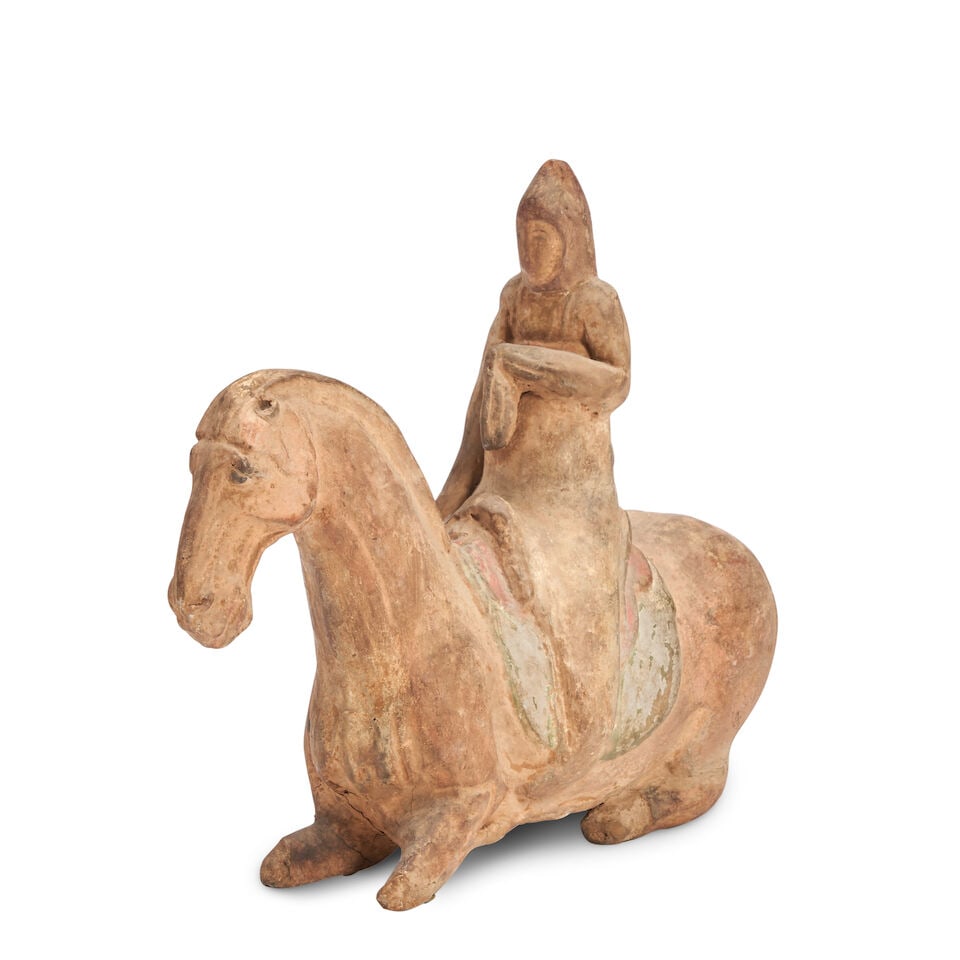 A Painted Pottery Figure of a Horse and Rider China, Tang dynasty style, 20th century, - 2
