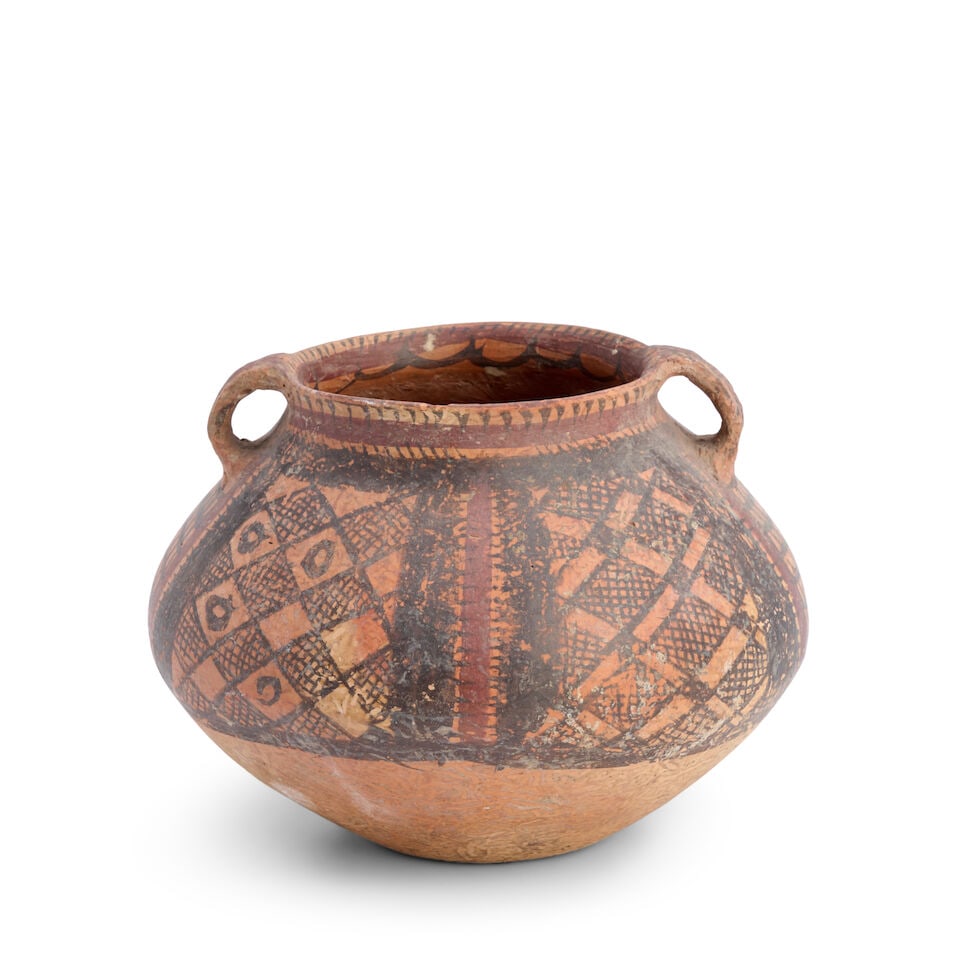 A Painted Machang Pottery Vessel China, Neolithic style, 20th century,: A Painted Machang Pottery Vessel China, Neolithic style, 20th century, Compressed bulbous form with looped handles at the mouth rim, the body decorated with geometric patterns 6 1/4in (15.8cm) high Fo