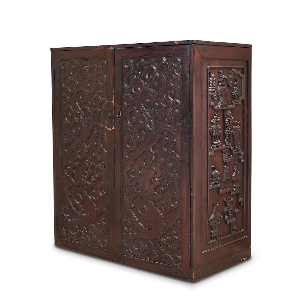 An Assembled Hardwood Cabinet With Four Carved Chinese Panels 19th century, - 2