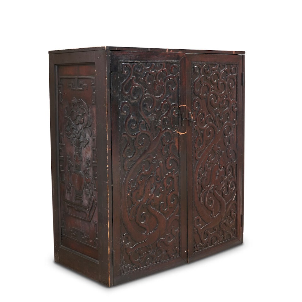 An Assembled Hardwood Cabinet With Four Carved Chinese Panels 19th century, - 3