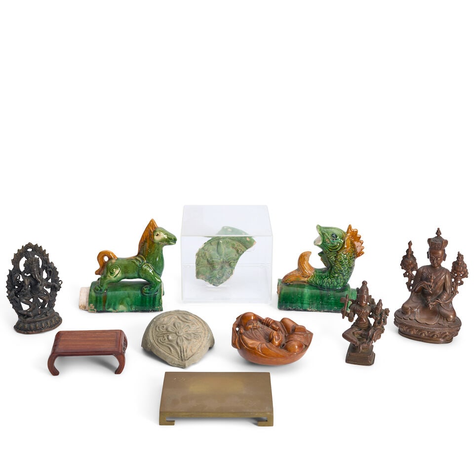 Four Roof Tiles and Four Figures China and India, 20th century or later, 7 1/4in (18.4cm) height...: Four Roof Tiles and Four Figures China and India, 20th century or later, Two sancai-glazed animal-mounted curved tiles, in the form of a horse and a fish; an unglazed tile end with floral motif; a gre