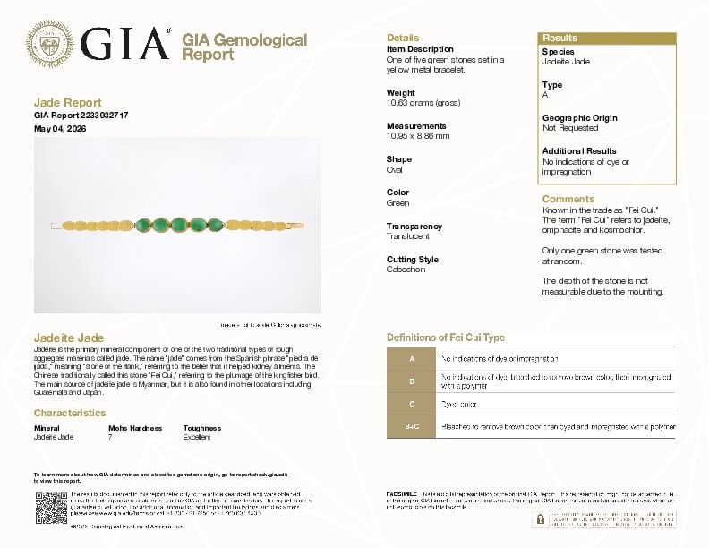A GOLD AND JADE BRACELET WITH GIA REPORT - 2
