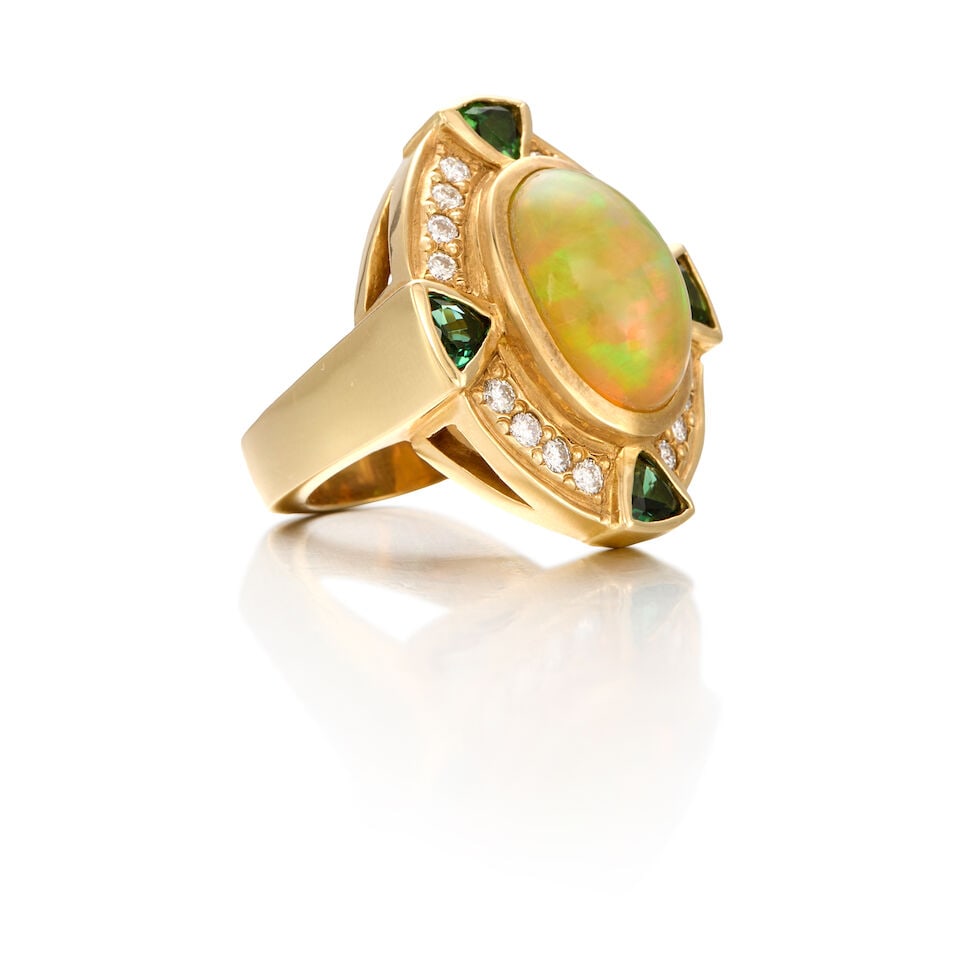 13K GOLD, OPAL, TOURMALINE AND DIAMOND RING - 2