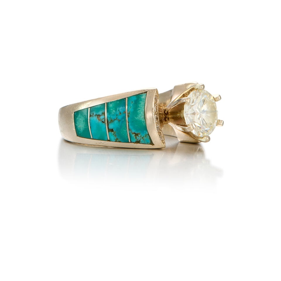14K WHITE GOLD, DIAMOND AND TURQUOISE RING - 2