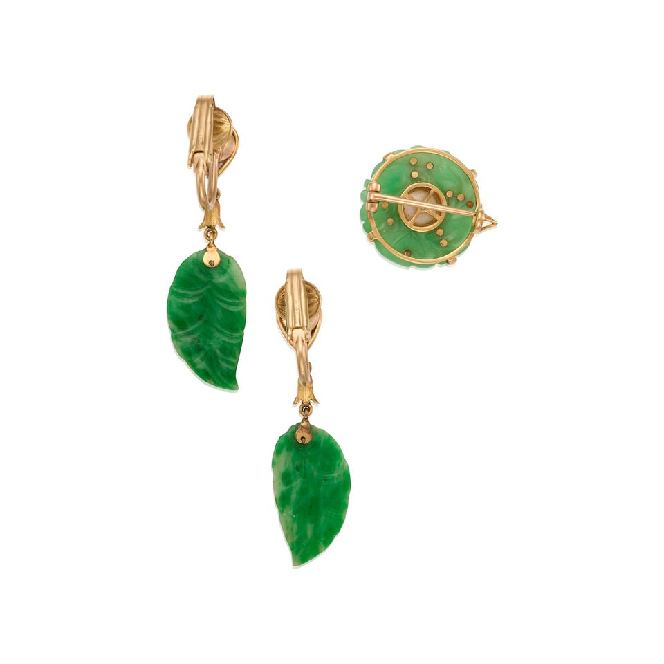 GOLD, JADE, AND CULTURED PEARL EARRING AND BROOCH WITH GIA REPORT - 2