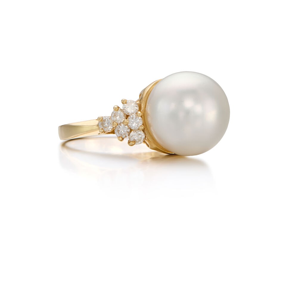 14K GOLD, CULTURED PEARL AND DIAMOND RING - 2