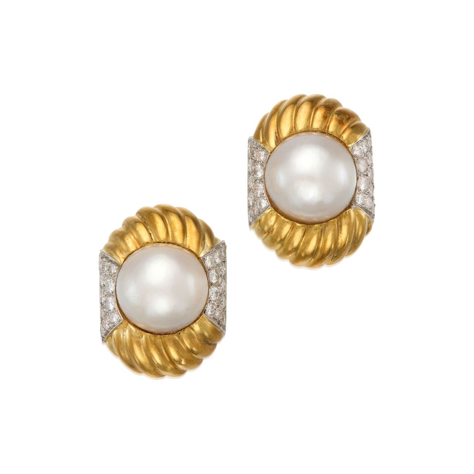 MABÉ CULTURED PEARL AND DIAMOND EARRINGS: MABÉ CULTURED PEARL AND DIAMOND EARRINGS • 14K yellow gold, 18K yellow gold, and platinum • Two Mabé cultured pearls measuring approximately 14.77mm in diameter • Numerous