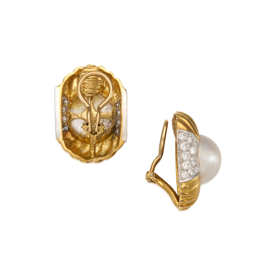 MABÉ CULTURED PEARL AND DIAMOND EARRINGS - 2