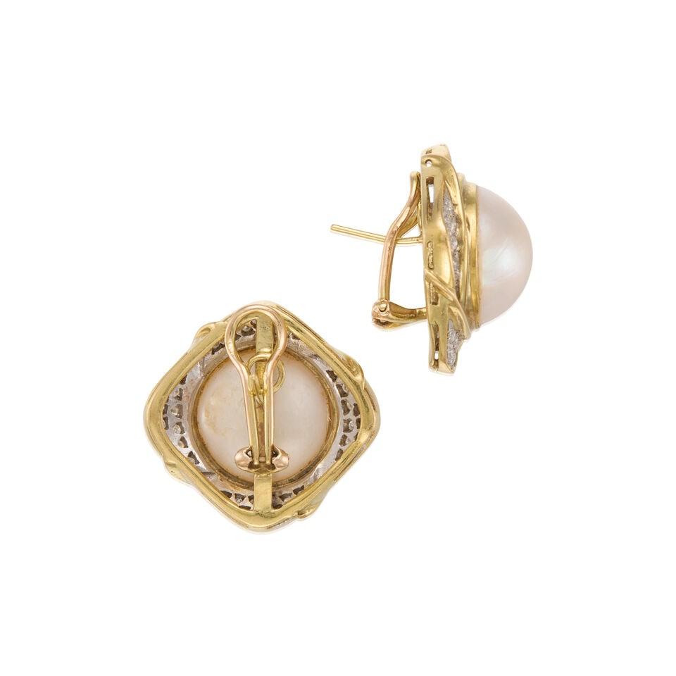 GOLD, MABÉ CULTURED PEARL, AND DIAMOND EARRINGS - 2