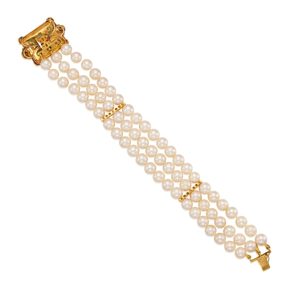 14K YELLOW GOLD, CULTURED PEARL, JADE, AND DIAMOND BRACELET - 2