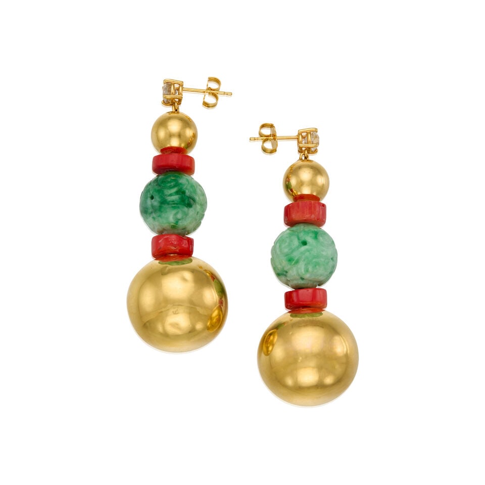 GOLD, CORAL, JADE, AND DIAMOND EARRINGS WITH GIA REPORT - 2