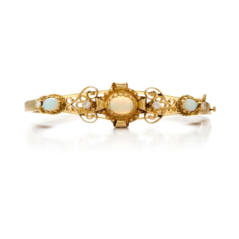 ANTIQUE 14K GOLD, OPAL AND DIAMOND BANGLE BRACELET - 2