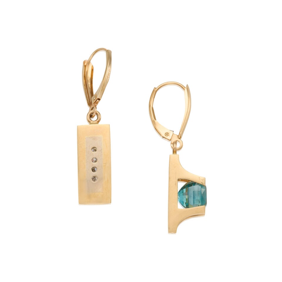 14K BICOLORED GOLD, ZIRCON AND DIAMOND EARRINGS - 2