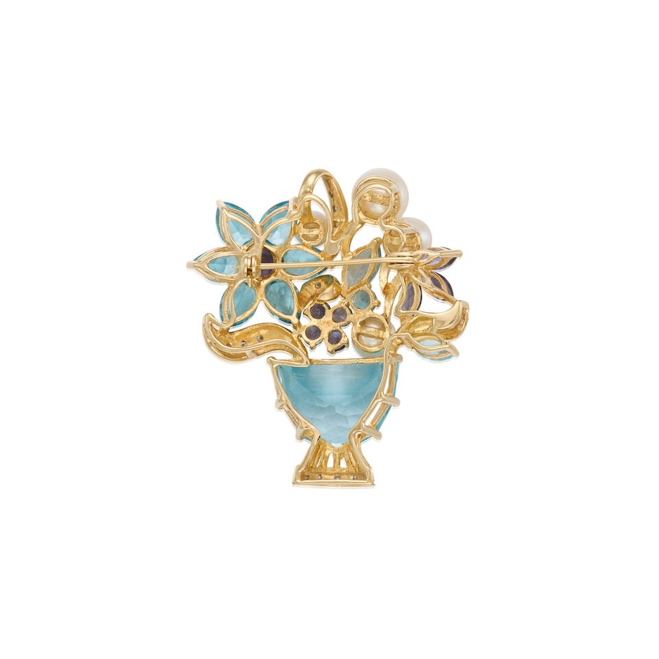 14K GOLD, MULTIGEM FLOWER PENDANT BROOCH - 2