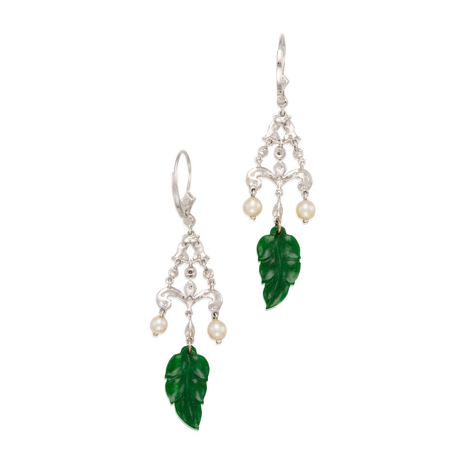 14K WHITE GOLD, JADE, CULTURED PEARL AND DIAMOND EARRINGS - 2