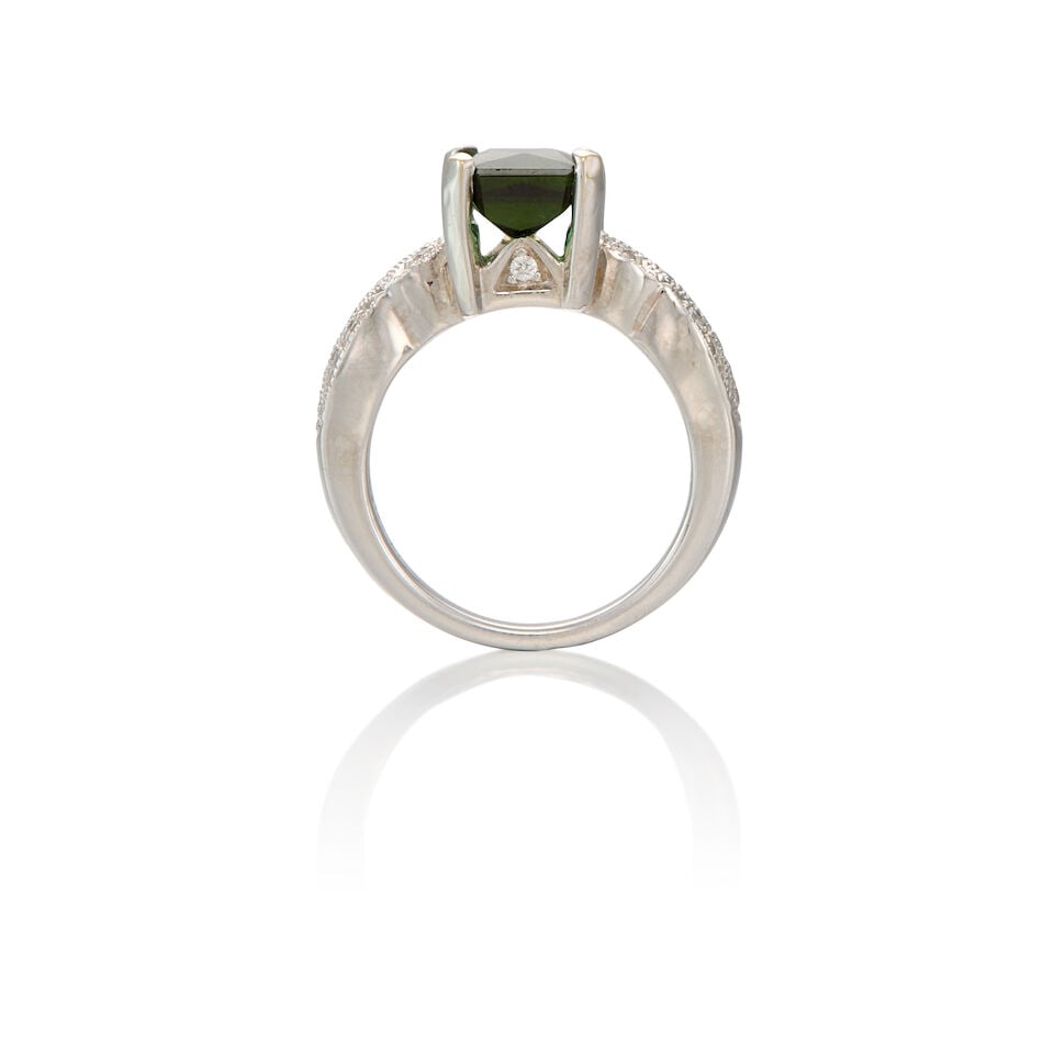 14K WHITE GOLD, TOURMALINE AND DIAMOND RING - 2