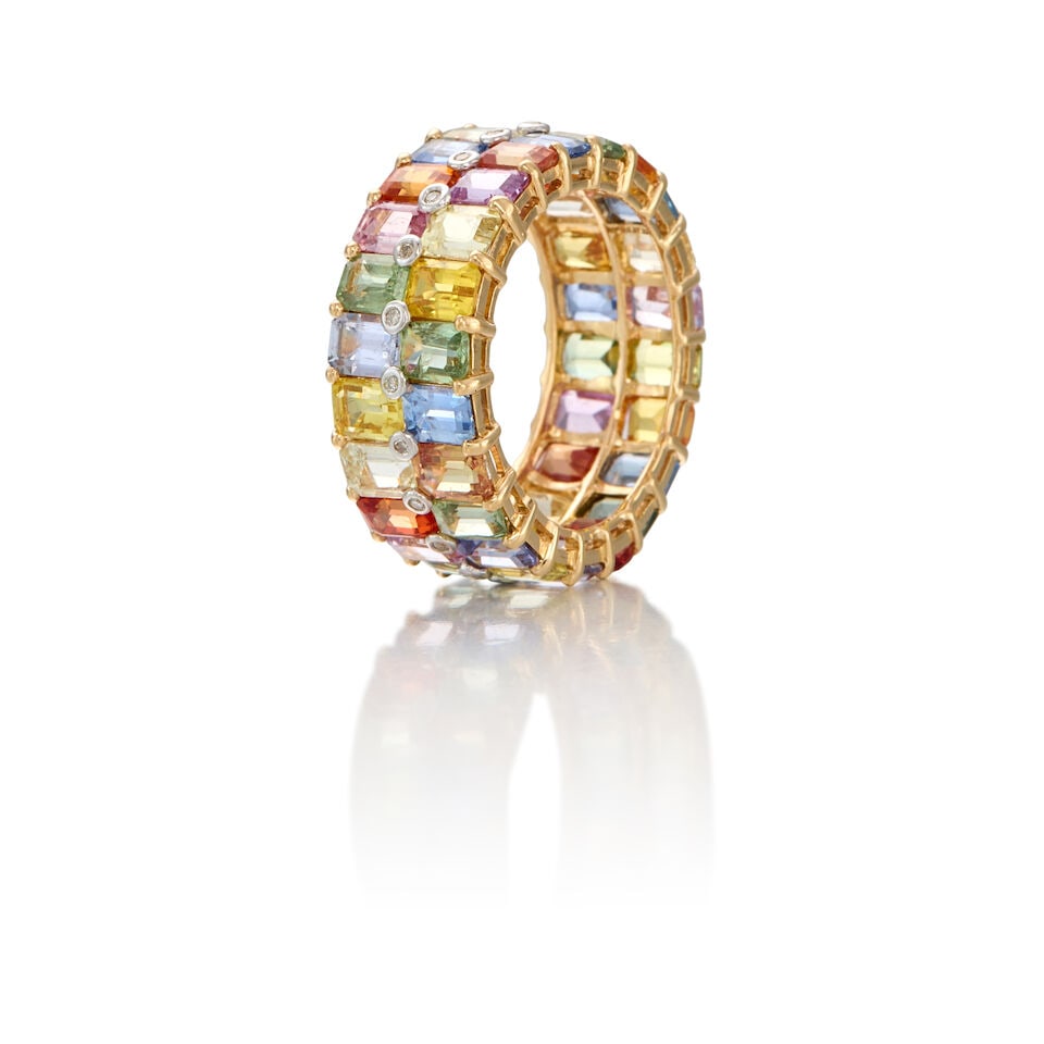 14K GOLD, MULTICOLORED SAPPHIRE AND DIAMOND BAND - 2