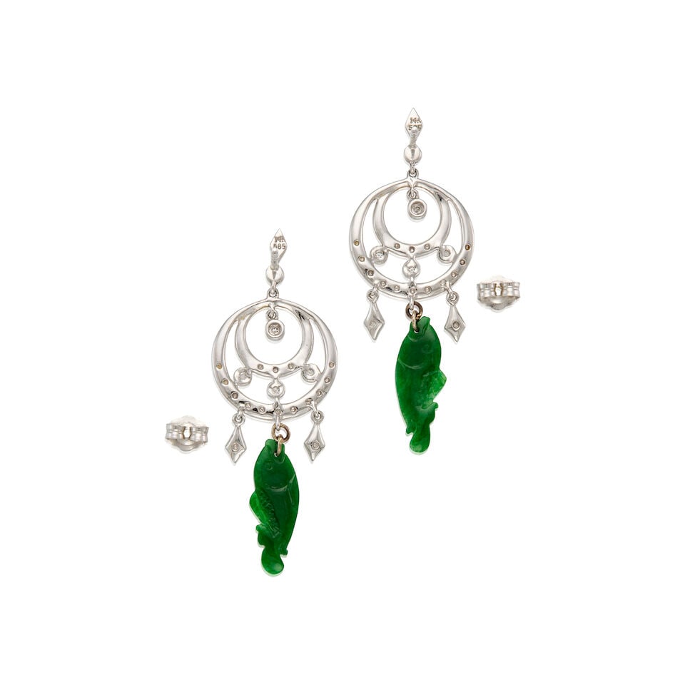 14K WHITE GOLD JADE AND DIAMOND EARRINGS - 2