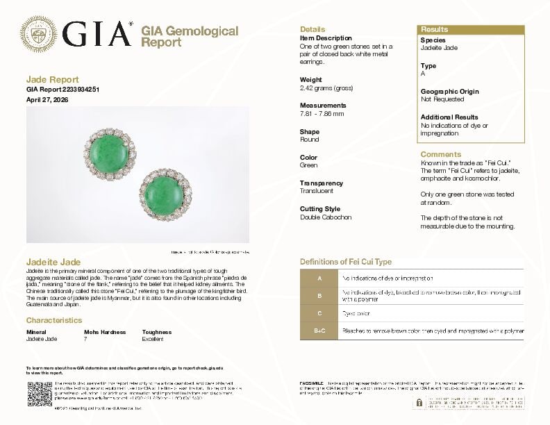 PAIR OF JADE AND DIAMOND EARRINGS WITH GIA REPORT - 3