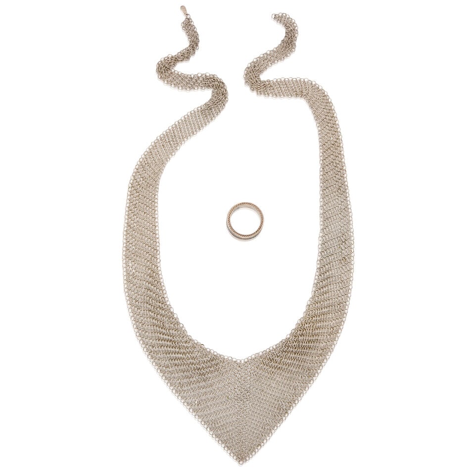 A TIFFANY & CO. SILVER MESH NECKLACE AND A DAVID YURMAN BLACK DIAMOND RING - 2