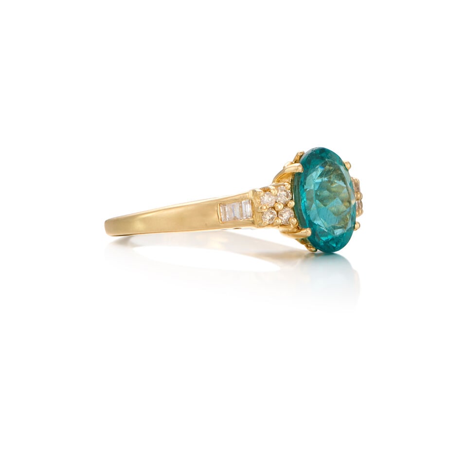 14K GOLD, APATITE AND DIAMOND RING - 2