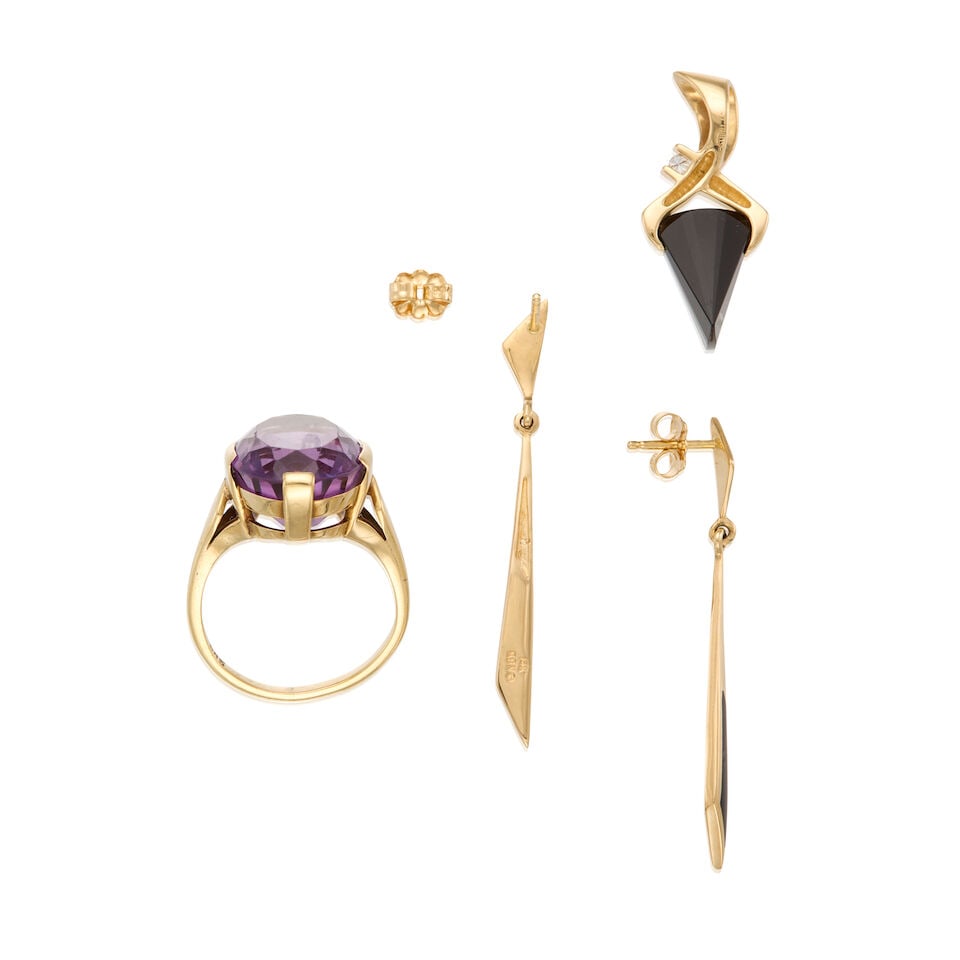 14K YELLOW GOLD, AMETHYST, ONYX, AND DIAMOND JEWELRY - 2