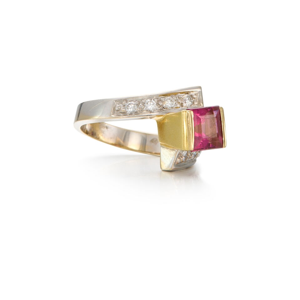 18K BICOLORED GOLD, TOURMALINE AND DIAMOND RING - 2