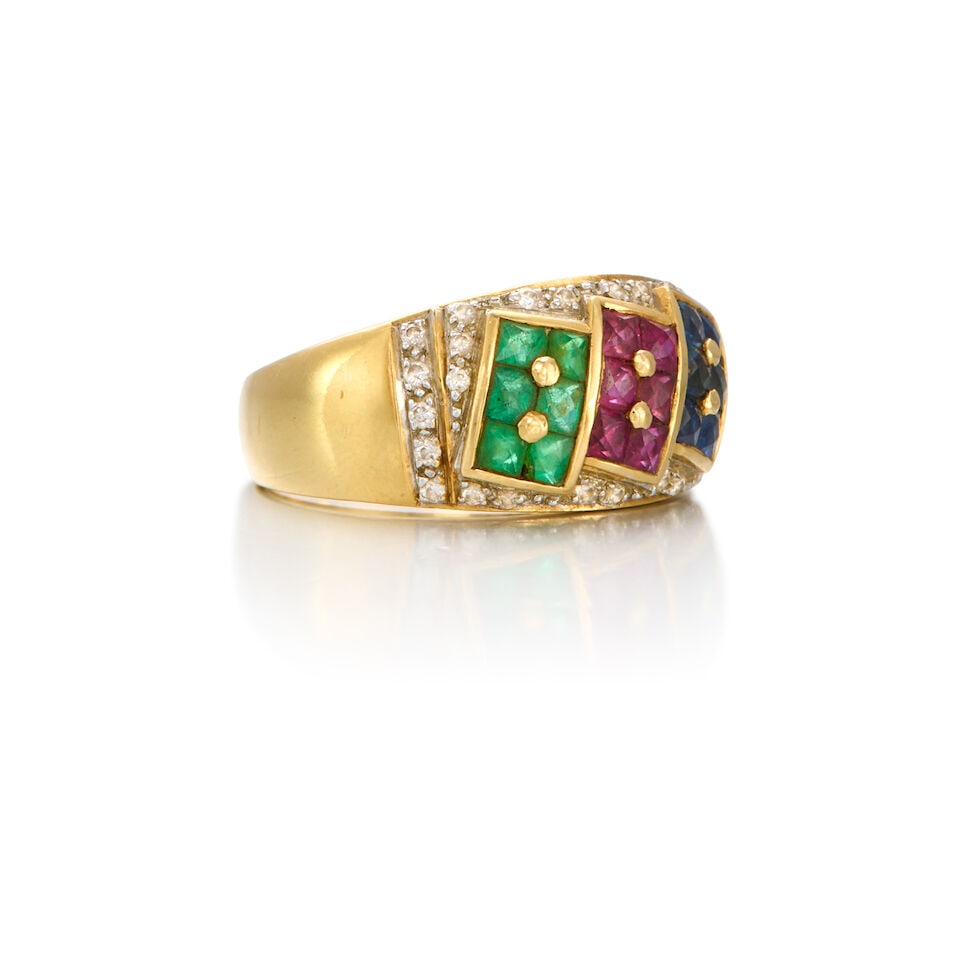 18K GOLD, RUBY, SAPPHIRE, EMERALD, AND DIAMOND RING - 2