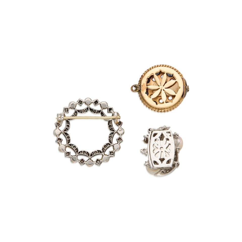 CULTURED PEARL, DIAMOND AND SAPPHIRE CLASPS AND BROOCH - 2