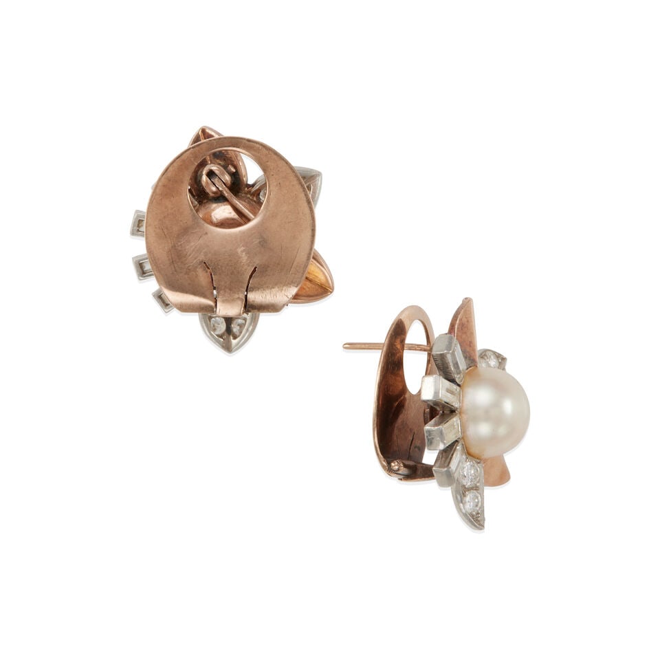 GAZDAR: RETRO 9K ROSE GOLD, PLATINUM, CULTURED PEARL, AND DIAMOND EAR CLIPS - 2