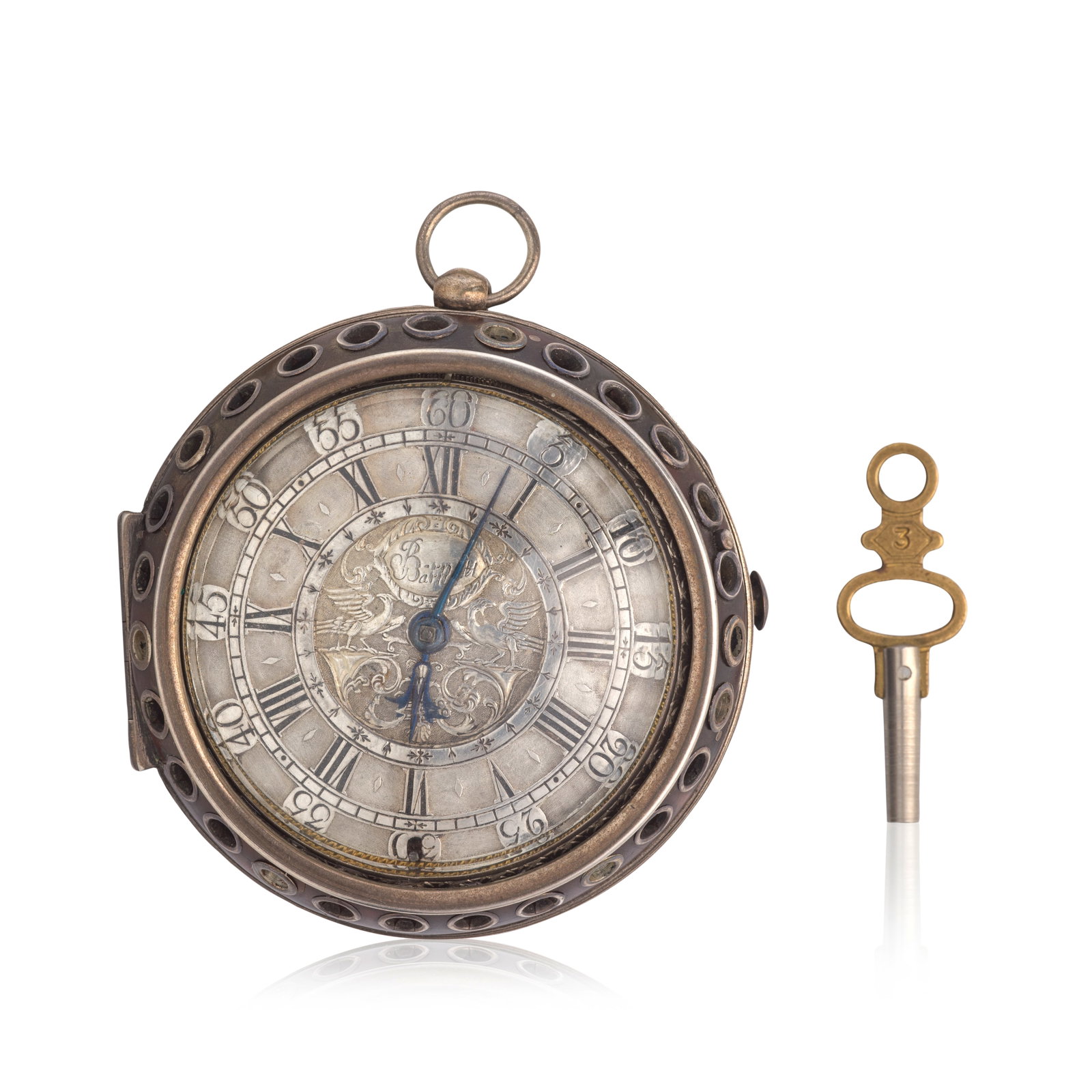 John Barnett, London. A fine silver and tortoiseshell key wind pair case clock watch Circa 1690: John Barnett, London. A fine silver and tortoiseshell key wind pair case clock watch Date: Circa 1690 Movement: Gilt full plate fusee verge, pierced and engraved balance cock with bird decoration, 3-a