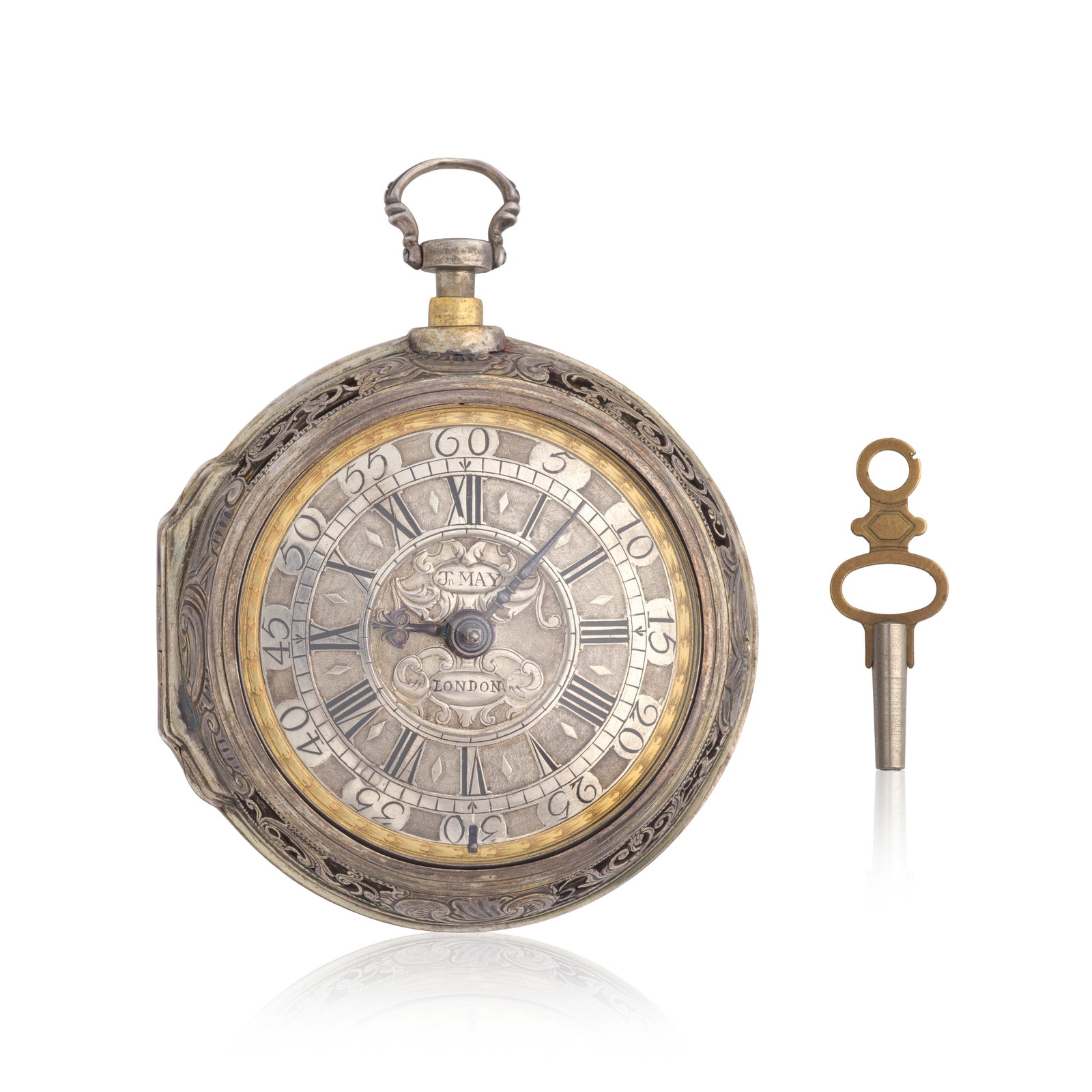 John May, London. A fine silver key wind quarter repeating pair case pocket watch Circa 1725: John May, London. A fine silver key wind quarter repeating pair case pocket watch Date: Circa 1725 Movement: Gilt full plate fusee verge, pierced and engraved masked balance cock, diamond end stone, s