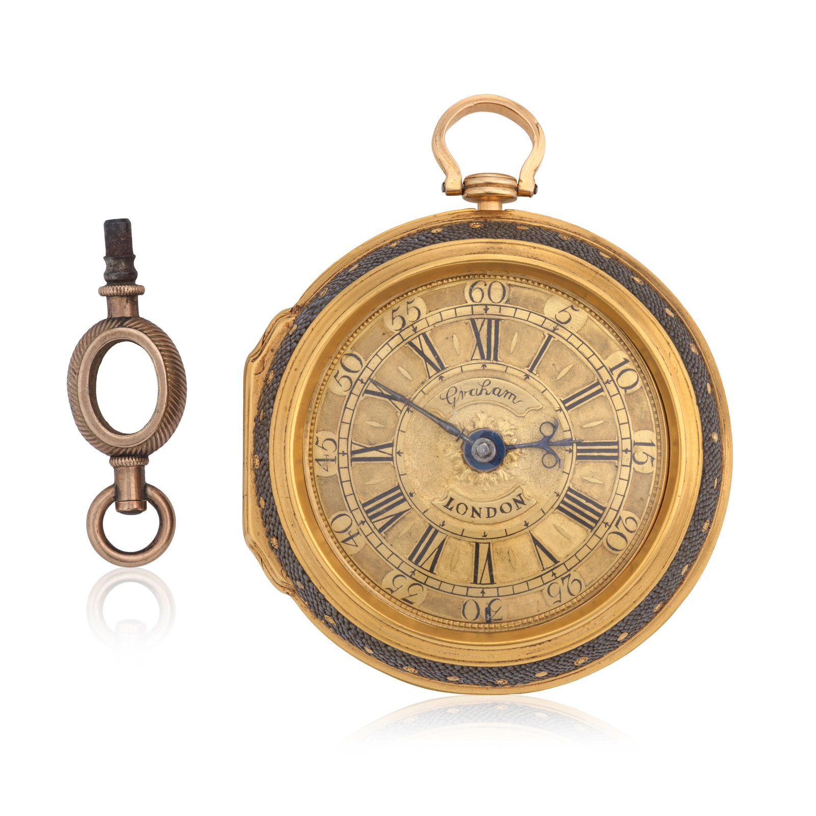 George Graham, London. A fine and rare gilt key wind pair case pocket watch Circa 1740: George Graham, London. A fine and rare gilt key wind pair case pocket watch Date: Circa 1740 Movement: Gilt full plate cylinder, masked pierced and engraved balance cock, Egyptian pillars, diamond end