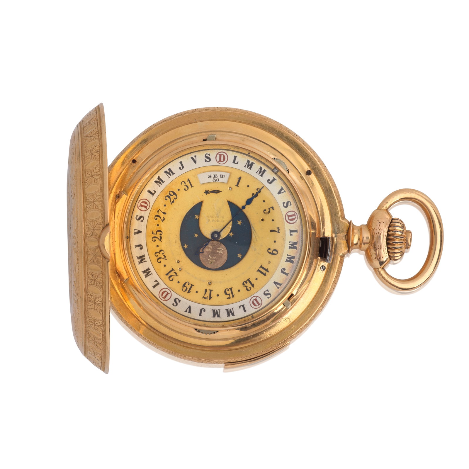 A fine 18K gold keyless wind dual sided quarter repeating full hunter pocket watch Circa 1890: A fine 18K gold keyless wind dual sided quarter repeating full hunter pocket watch Date: Circa 1890 Movement: Nickel 3/4 plate Swiss lever, bi-metallic balance wheel with compensation screws, blued st