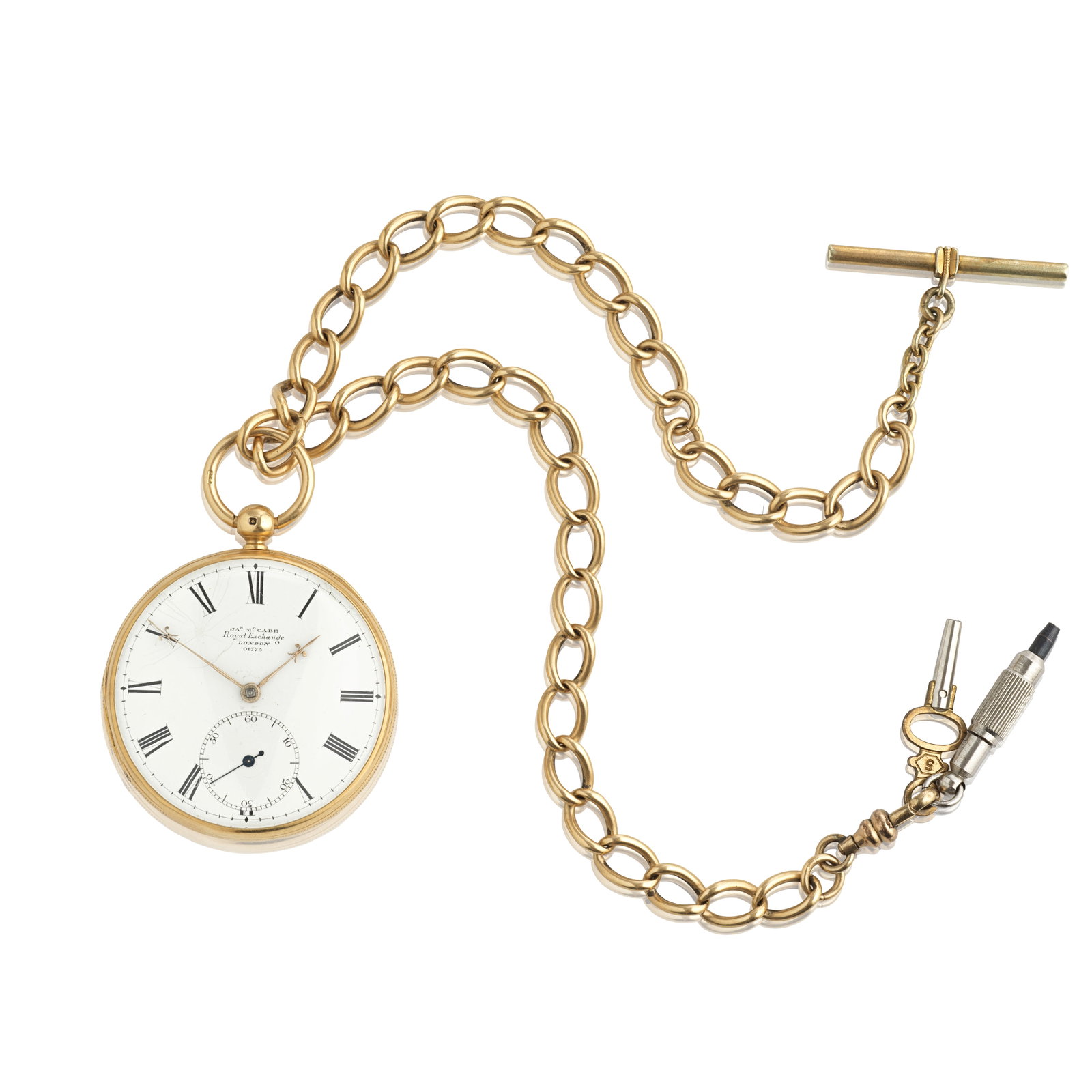 James McCabe, Royal Exchange, London. An 18K gold key wind open face pocket watchLondon Hallmark...: James McCabe, Royal Exchange, London. An 18K gold key wind open face pocket watch Date: London Hallmark for 1874 Movement: Gilt 3/4 plate English lever, cut and compensated bi-metallic balance, No.017
