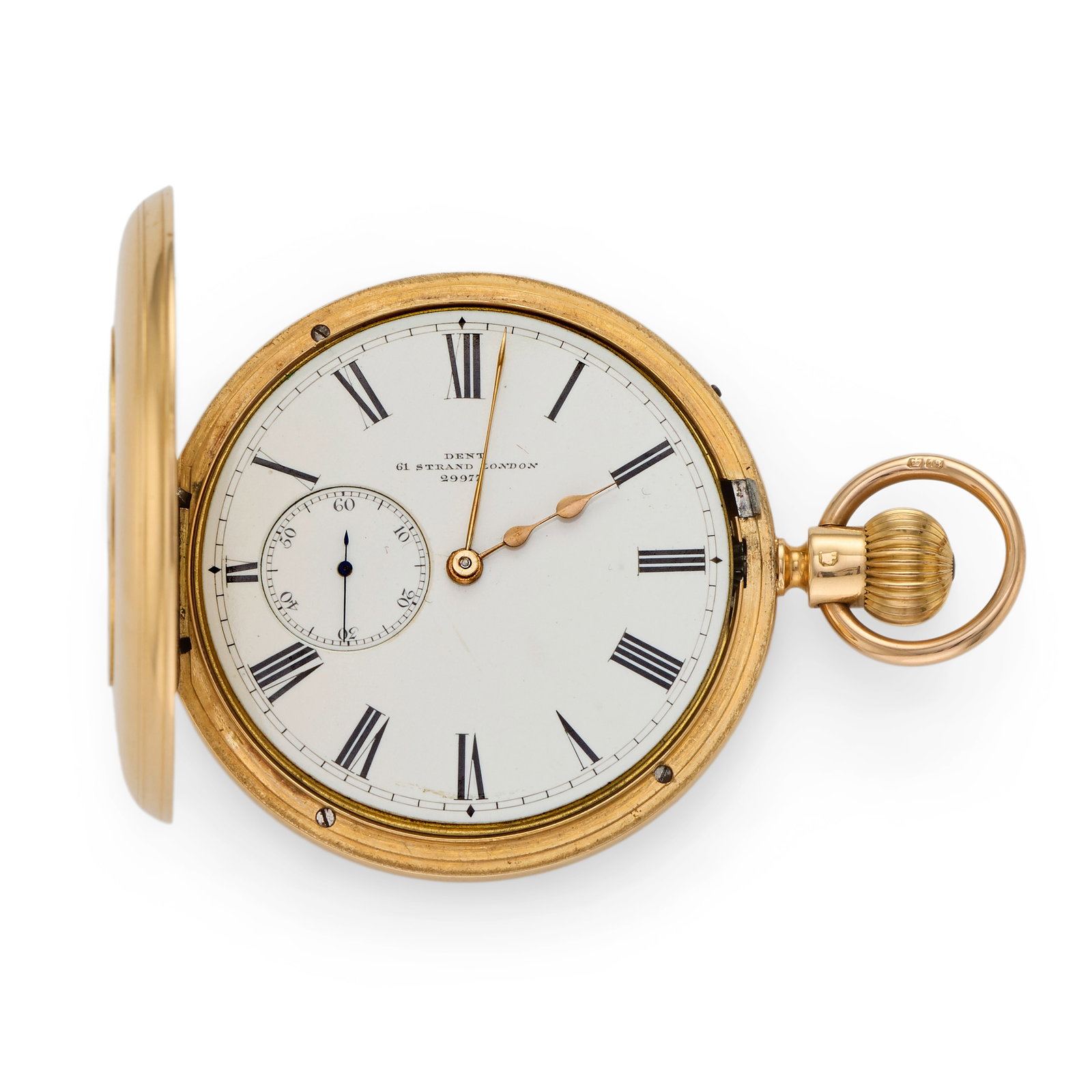 Dent, 61 Strand, London. An 18K gold keyless wind half hunter pocket watch with duplex escapemen... (1 of 1)