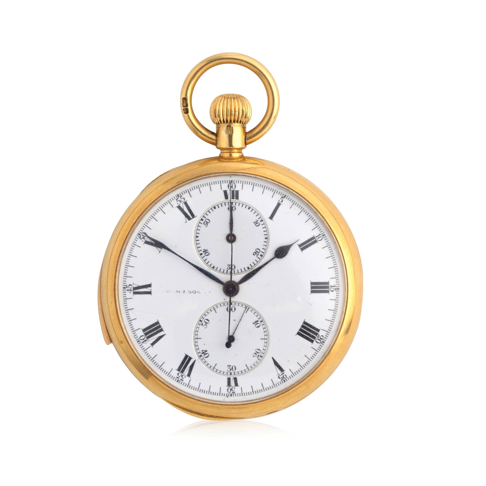 An 18K gold keyless wind open face minute repeating chronograph pocket watch London Import mark ... (1 of 1)