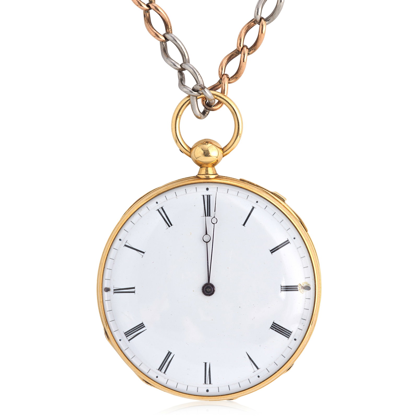 Lacroix Fils & Falcounet, Geneve. A gold key wind open face quarter repeating pocket watch with ...: Lacroix Fils & Falcounet, Geneve. A gold key wind open face quarter repeating pocket watch with 18K and platinum gold chain Date: Circa 1850 Movement: Cylinder escapement, plain 3-arm balance, two pol