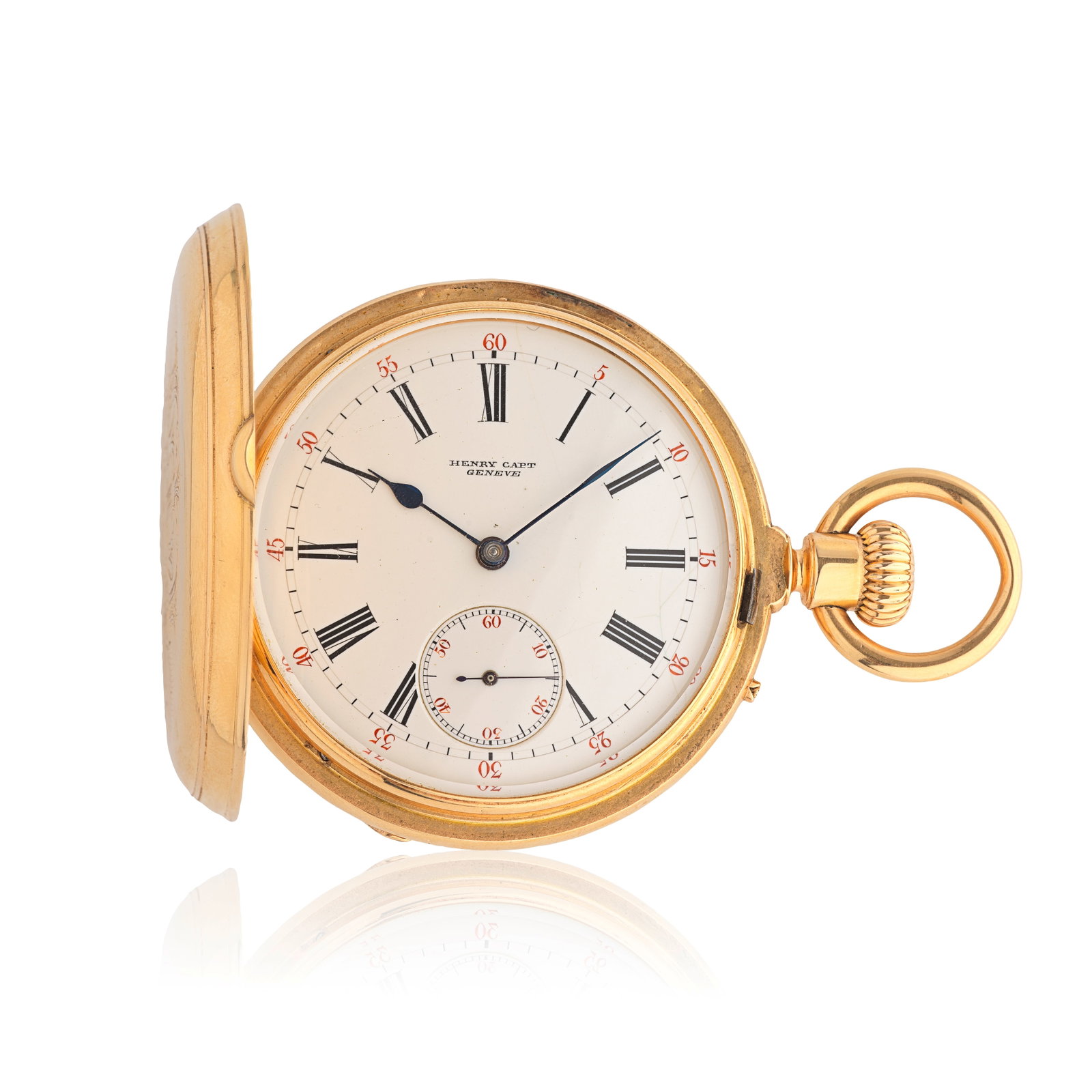 Henry Capt, Genève and 151 Regent Street, London. A continental gold keyless wind full hunt...: Henry Capt, Genève and 151 Regent Street, London. A continental gold keyless wind full hunter pocket watch Date: Circa 1890 Movement: Gilt Swiss lever, cut and compensated bi-metallic balance, No