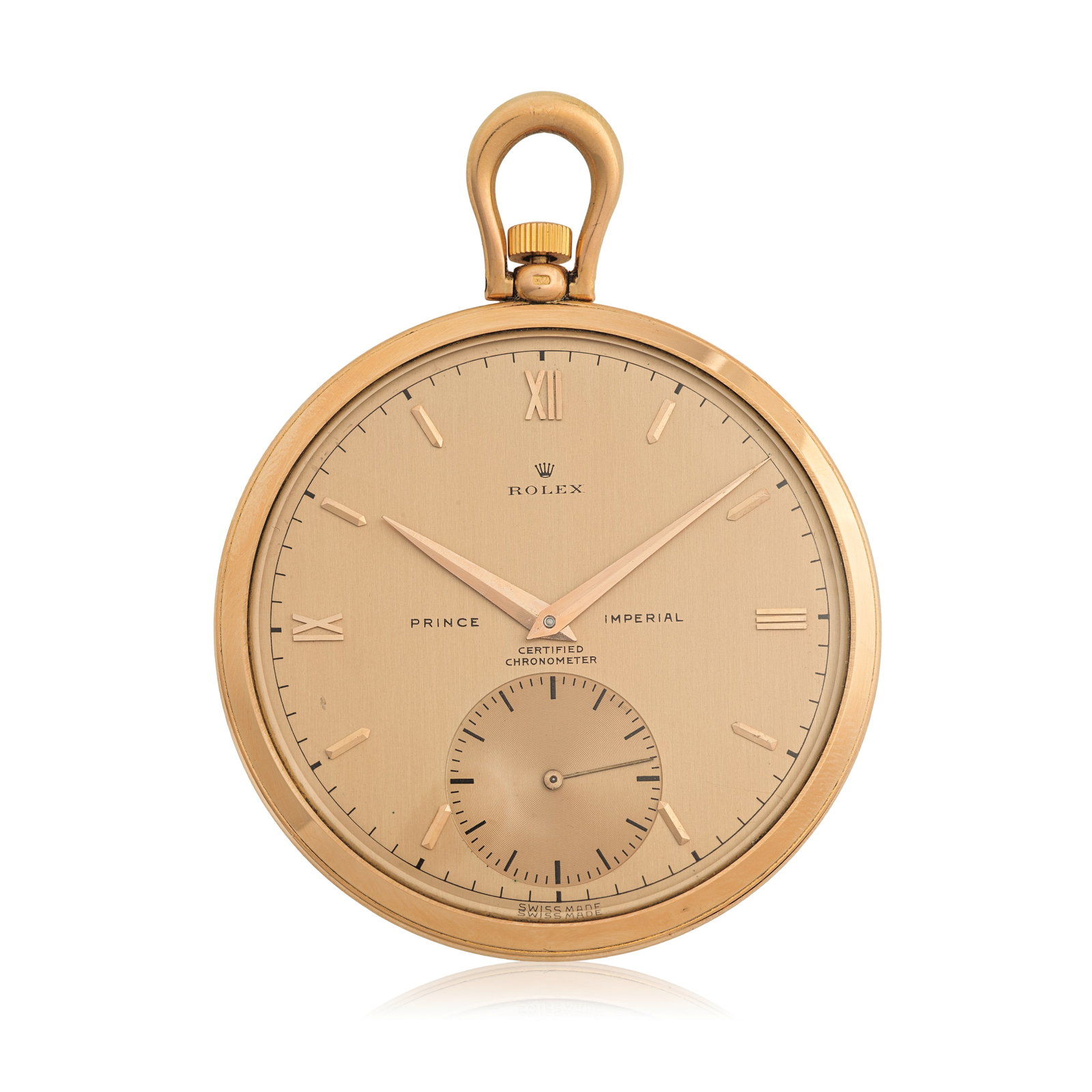 Rolex. An 18K rose gold keyless wind open face pocket watch Prince Imperial, Ref: 4503, Circa 1940: Rolex. An 18K rose gold keyless wind open face pocket watch Model: Prince Imperial Reference: 4503 Date: Circa 1940 Movement: 18-jewel Swiss lever, No.L33542 Dial: Rose champagne, applied pointed bato