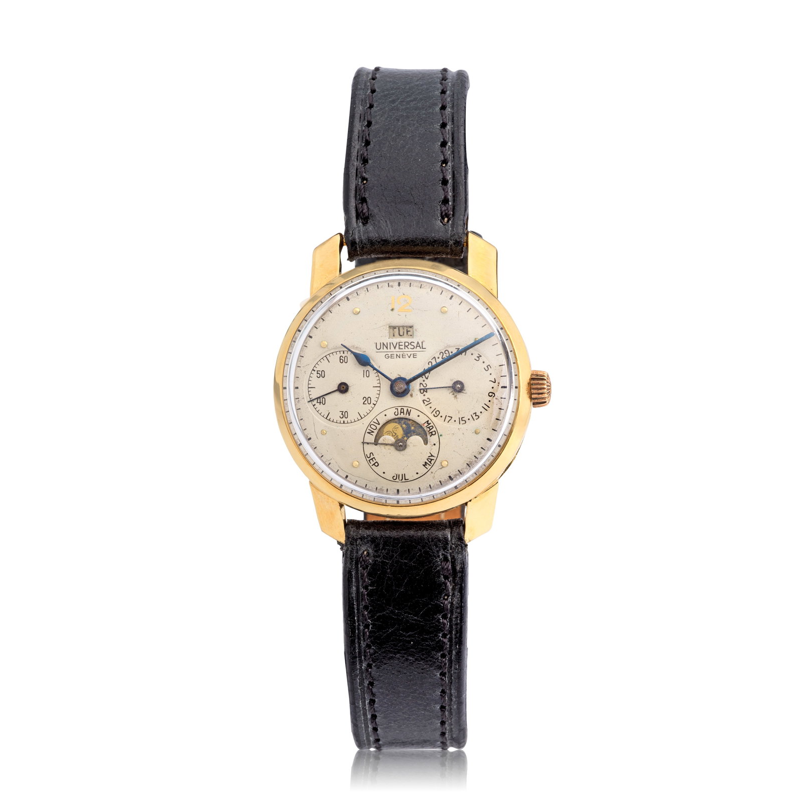 Universal Genève. An 18K gold manual wind triple calendar wristwatch with moon phase Ref: 1... (1 of 1)