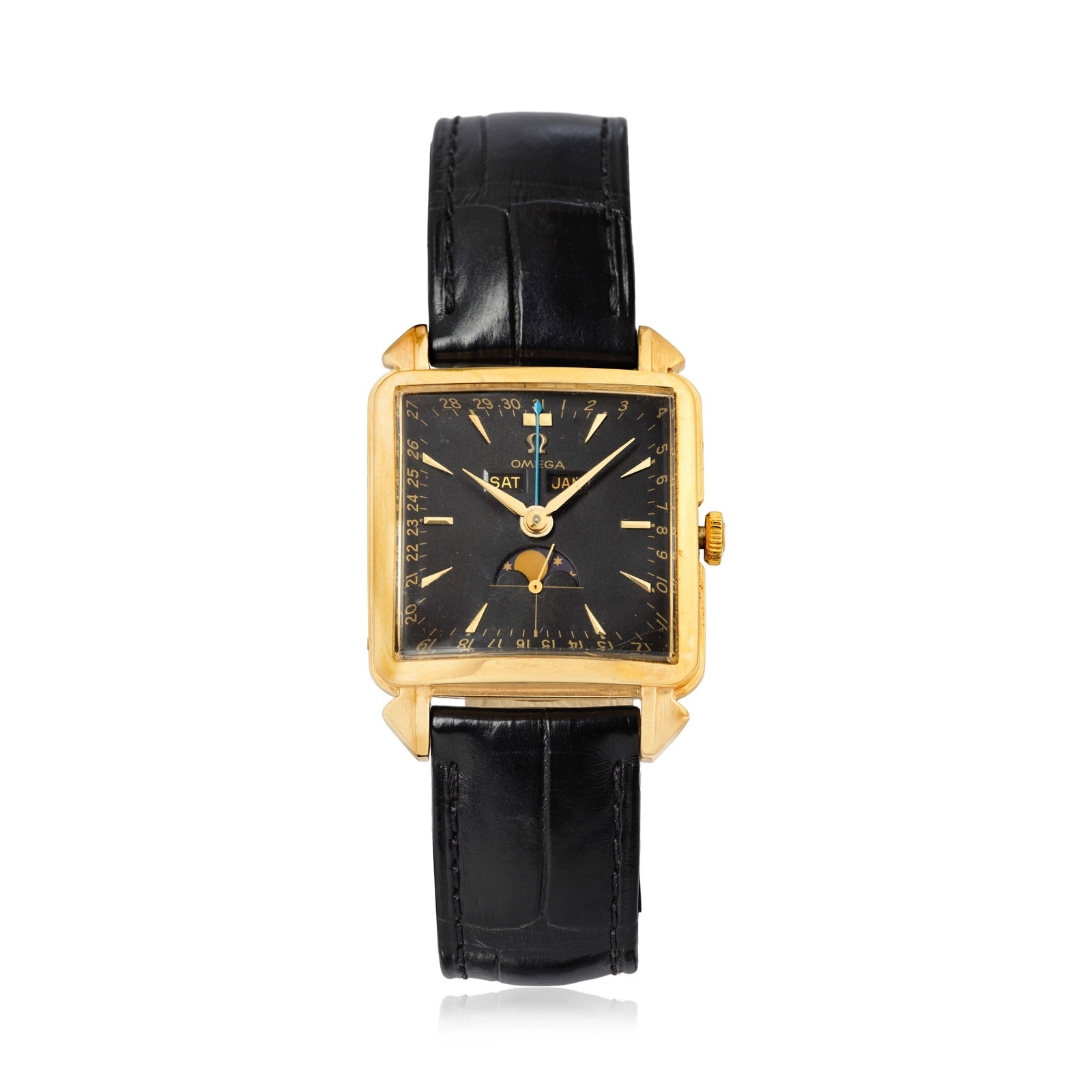 Omega. A rare 18K gold manual wind triple calendar wristwatch with black dial and moon phase Co... (1 of 1)