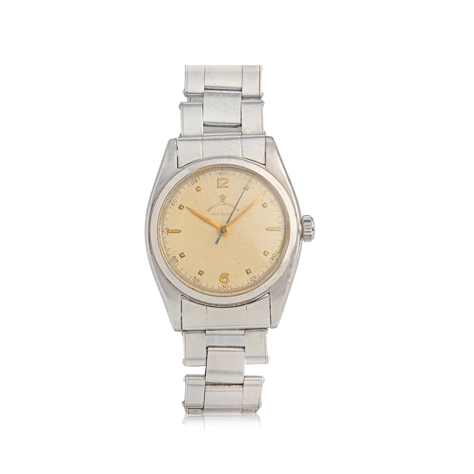 Rolex. A rare stainless steel automatic bracelet watch Oyster Perpetual 'Ovettone', Ref: 6028, C...: Rolex. A rare stainless steel automatic bracelet watch Model: Oyster Perpetual 'Ovettone' Reference: 6028 Date: Circa 1952 Movement: Jewelled automatic, No.26948 Dial: Silvered, applied gilt Arabic nu