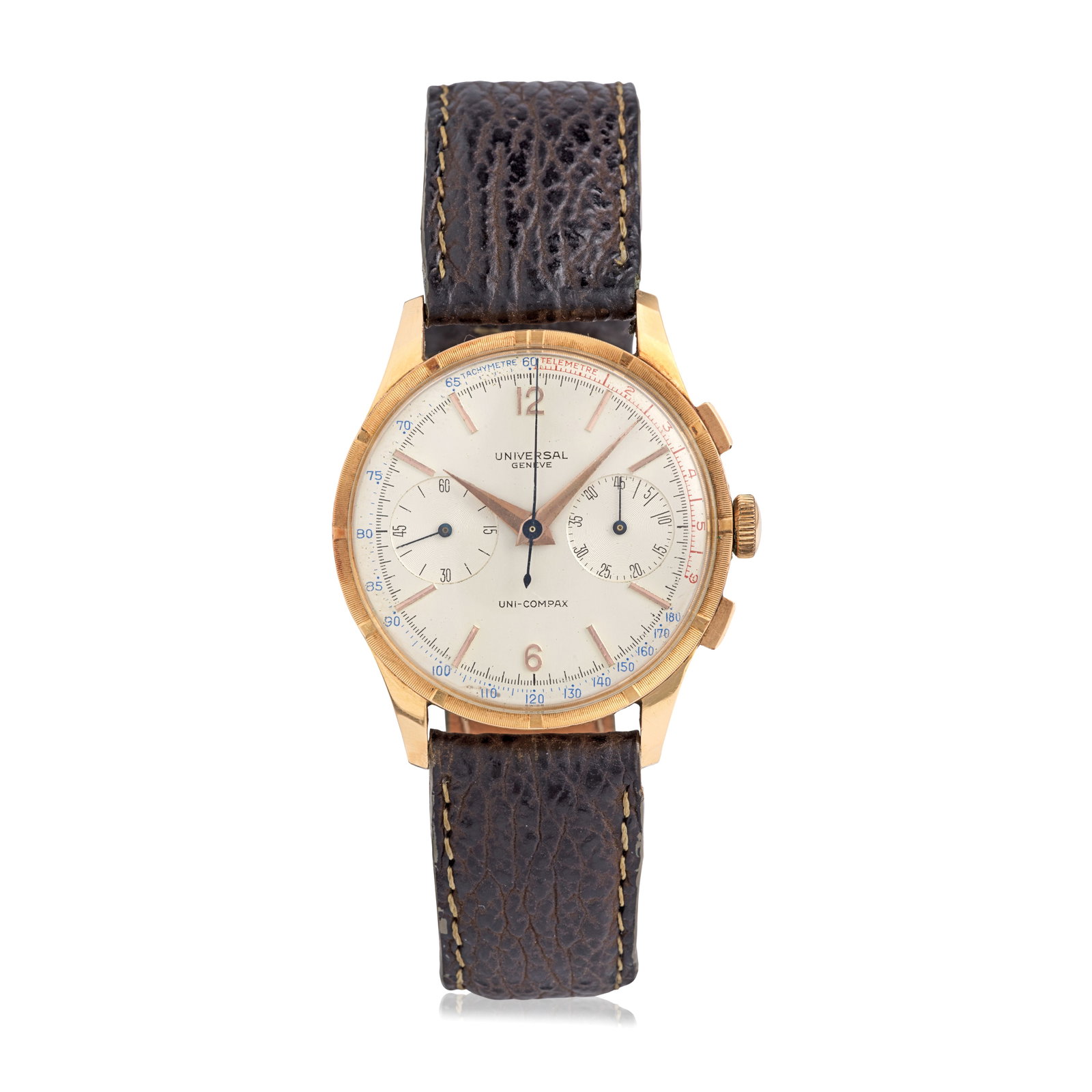 Universal Genève. An 18K rose gold manual wind chronograph wristwatch Uni-Compax, Ref: 1241...: Universal Genève. An 18K rose gold manual wind chronograph wristwatch Model: Uni-Compax Reference: 124146 2 Date: Circa 1950 Movement: 17-jewel Cal.285 manual wind, column wheel chronograph Dial: