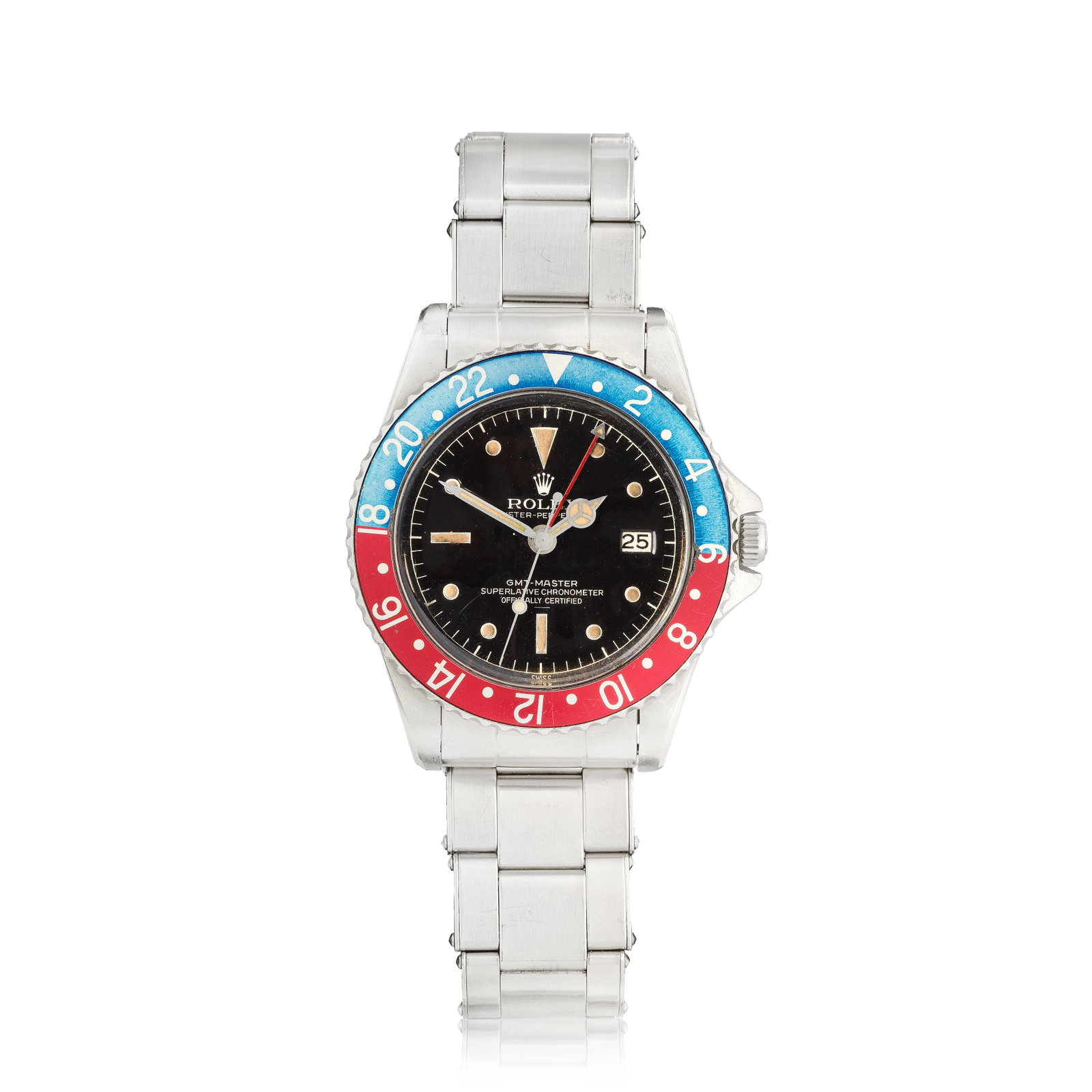Rolex. A stainless steel automatic calendar bracelet watch with dual time zone, pointed crown gu...: Rolex. A stainless steel automatic calendar bracelet watch with dual time zone, pointed crown guards and gilt gloss chapter ring underline radial dial Model: GMT-Master Reference: 1675 Date: Purchased