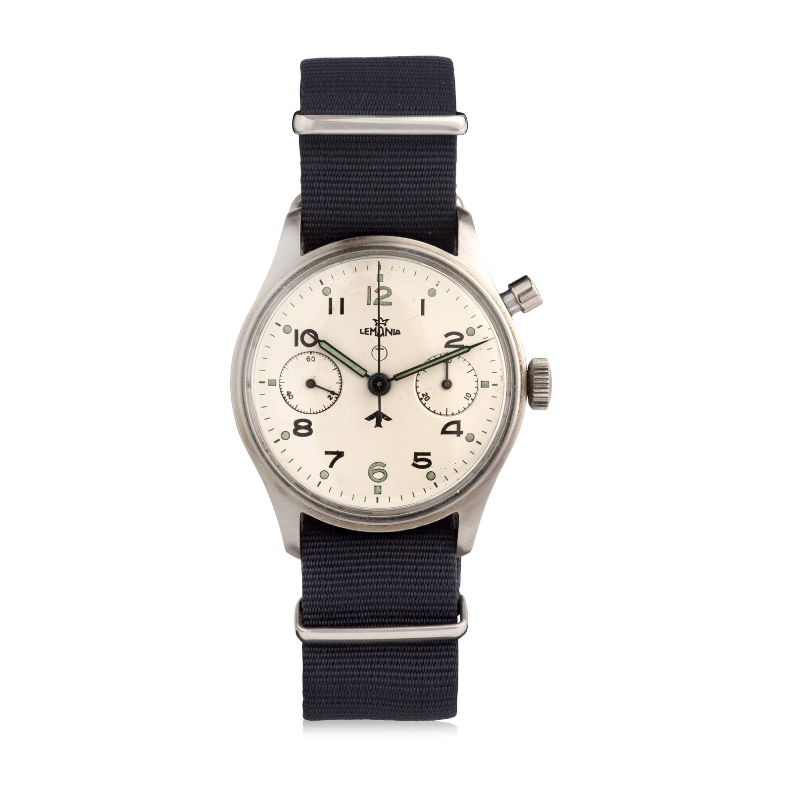 Lemania. A stainless steel military issue manual wind single button chronograph wristwatch Circa...: Lemania. A stainless steel military issue manual wind single button chronograph wristwatch Date: Circa 1960 Movement: Jewelled manual wind, column wheel chronograph Dial: Silvered, Broad Arrow, tritiu