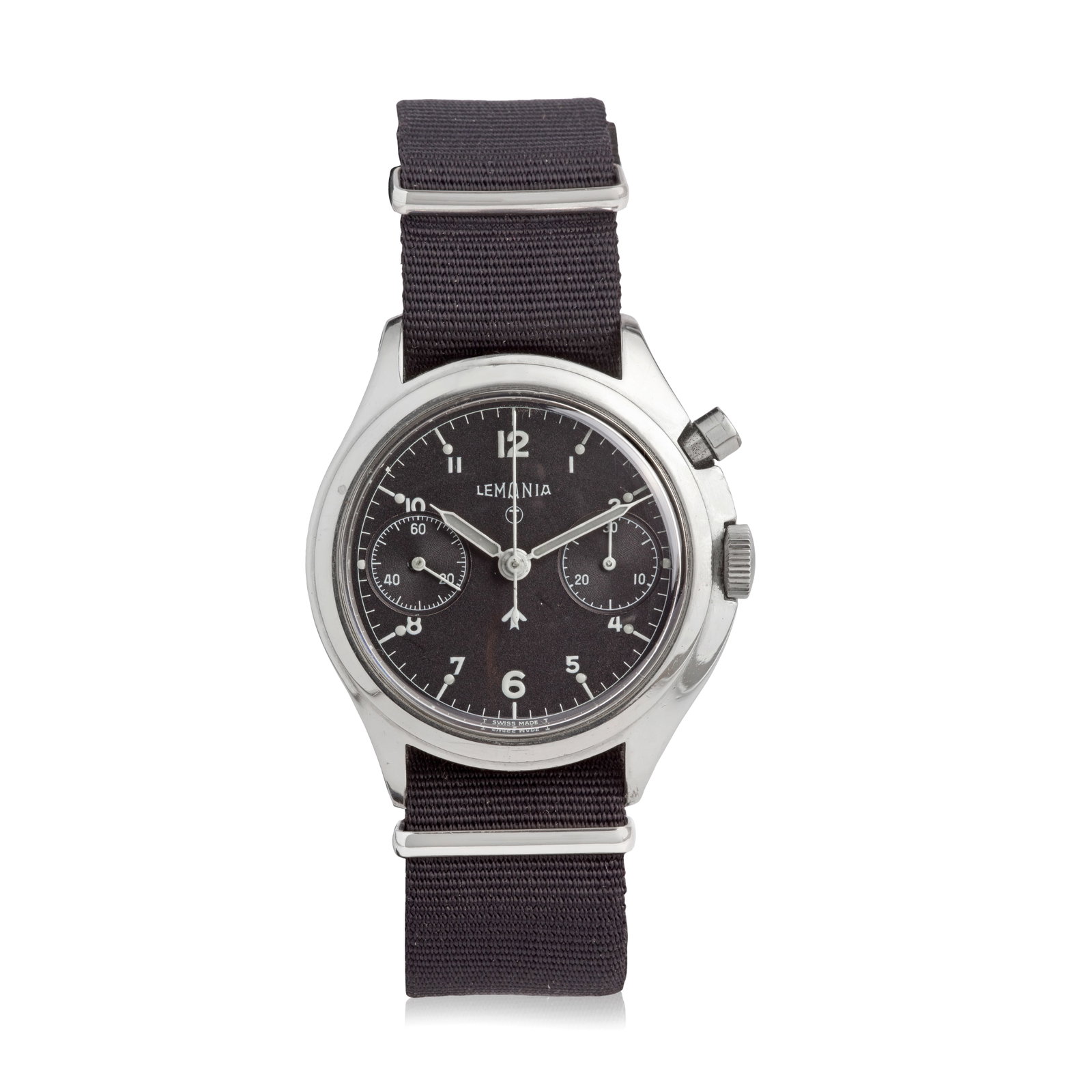 Lemania. A stainless steel military manual wind single button chronograph wristwatch issued to t... (1 of 1)
