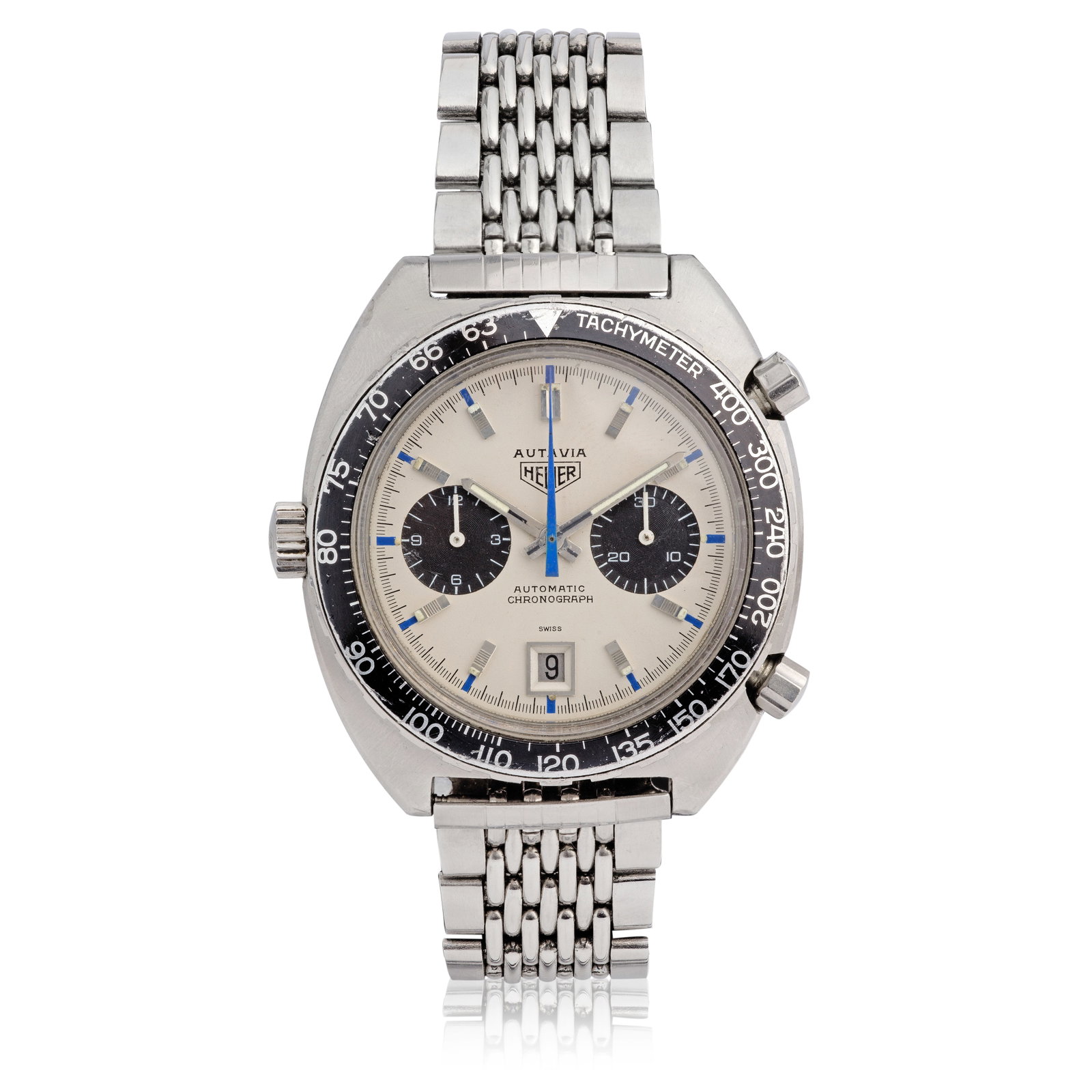 Heuer. A stainless steel automatic calendar chronograph bracelet watch Autavia 'Jo Siffert', Re...: Heuer. A stainless steel automatic calendar chronograph bracelet watch Model: Autavia 'Jo Siffert' Reference: 1163 Date: Circa 1970 Movement: 17-jewel Cal.11 automatic Dial: Silvered, applied luminous