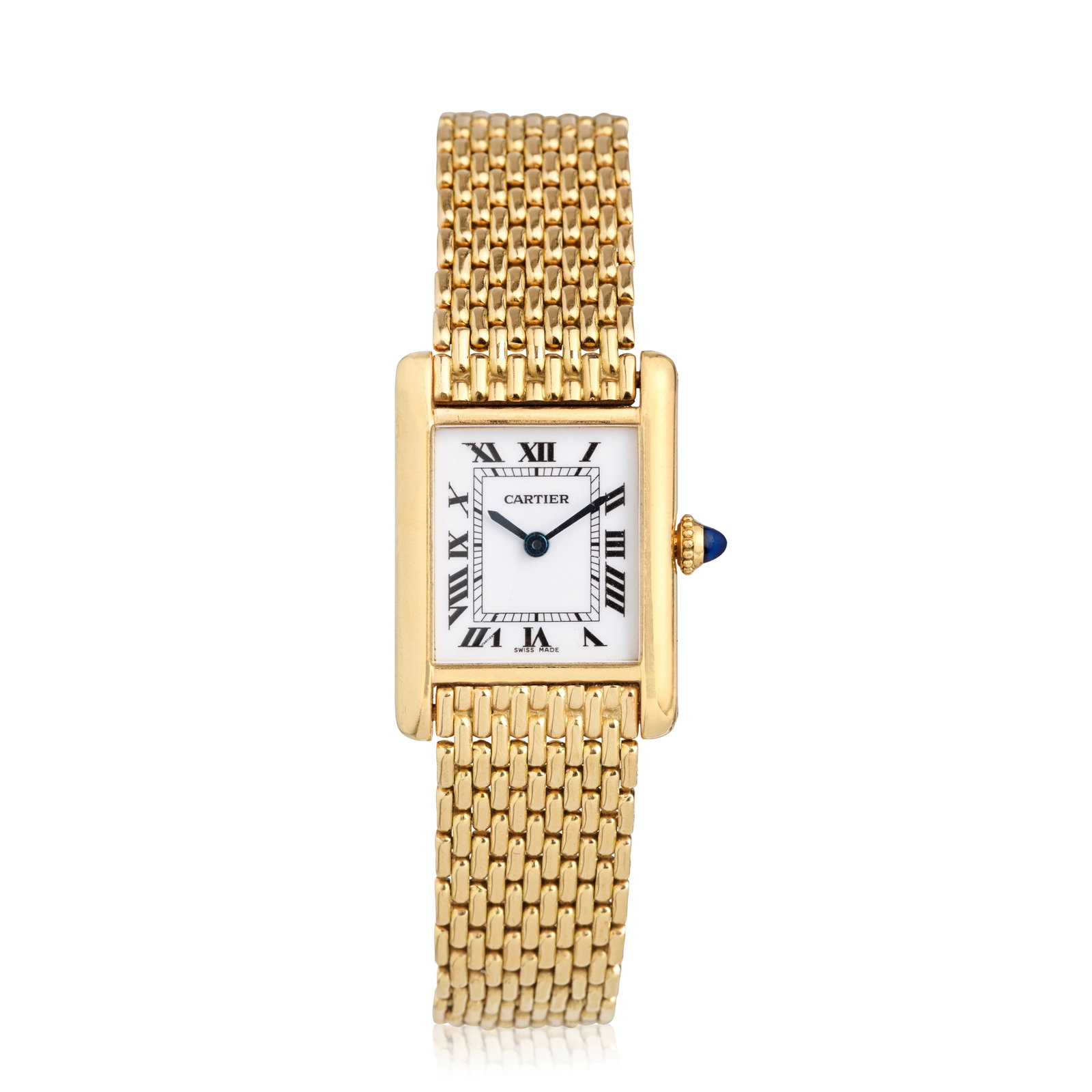 Cartier. An 18K gold manual wind bracelet watch Tank, London Import mark for 1974: Cartier. An 18K gold manual wind bracelet watch Model: Tank Date: London Import mark for 1974 Movement: 17-jewel Cal.78-1 manual wind Dial: White enamel, black Roman numeral hour markers, secret signa