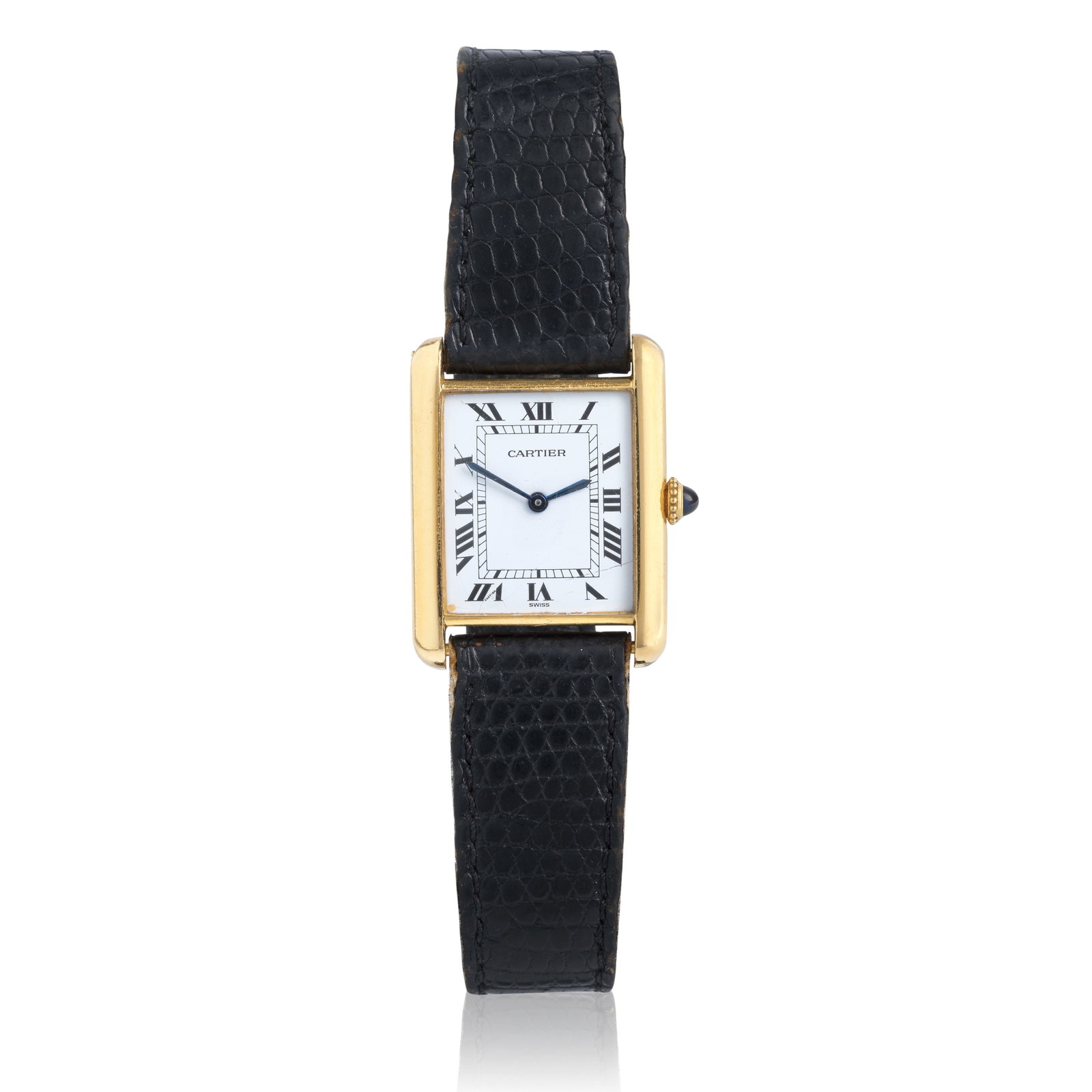 Cartier. An 18K gold manual wind wristwatch Tank, Circa 1980: Cartier. An 18K gold manual wind wristwatch Model: Tank Date: Circa 1980 Movement: 17-jewel Cal 78-1 manual wind, No.2512 Dial: White, black Roman numeral hour markers, black inner minute track with 5